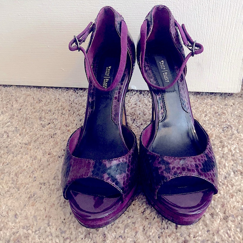 White House Black Market Purple Snake Skin Strap Heels, 7.5